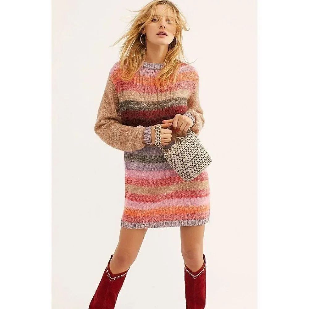 NEW FREE PEOPLE Sz M BRIGHT IT UP MINI SWEATER DRESS STRIPED PULLOVER TUNIC